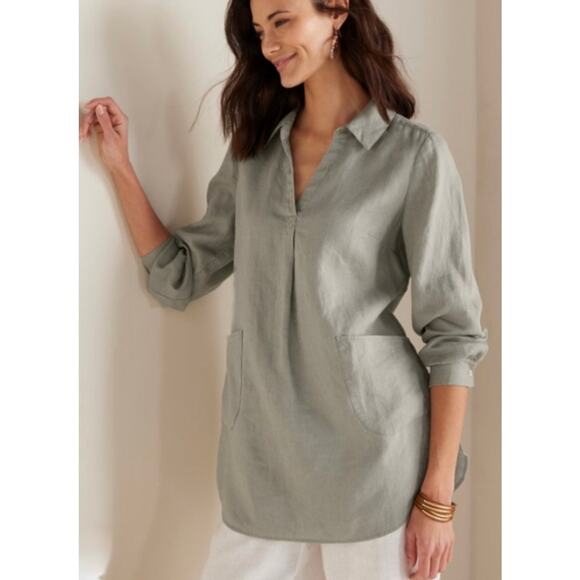 Soft Surroundings Tops - Soft Surroundings Top 100% Linen Womens Large Green Popover Blouse Langenlook